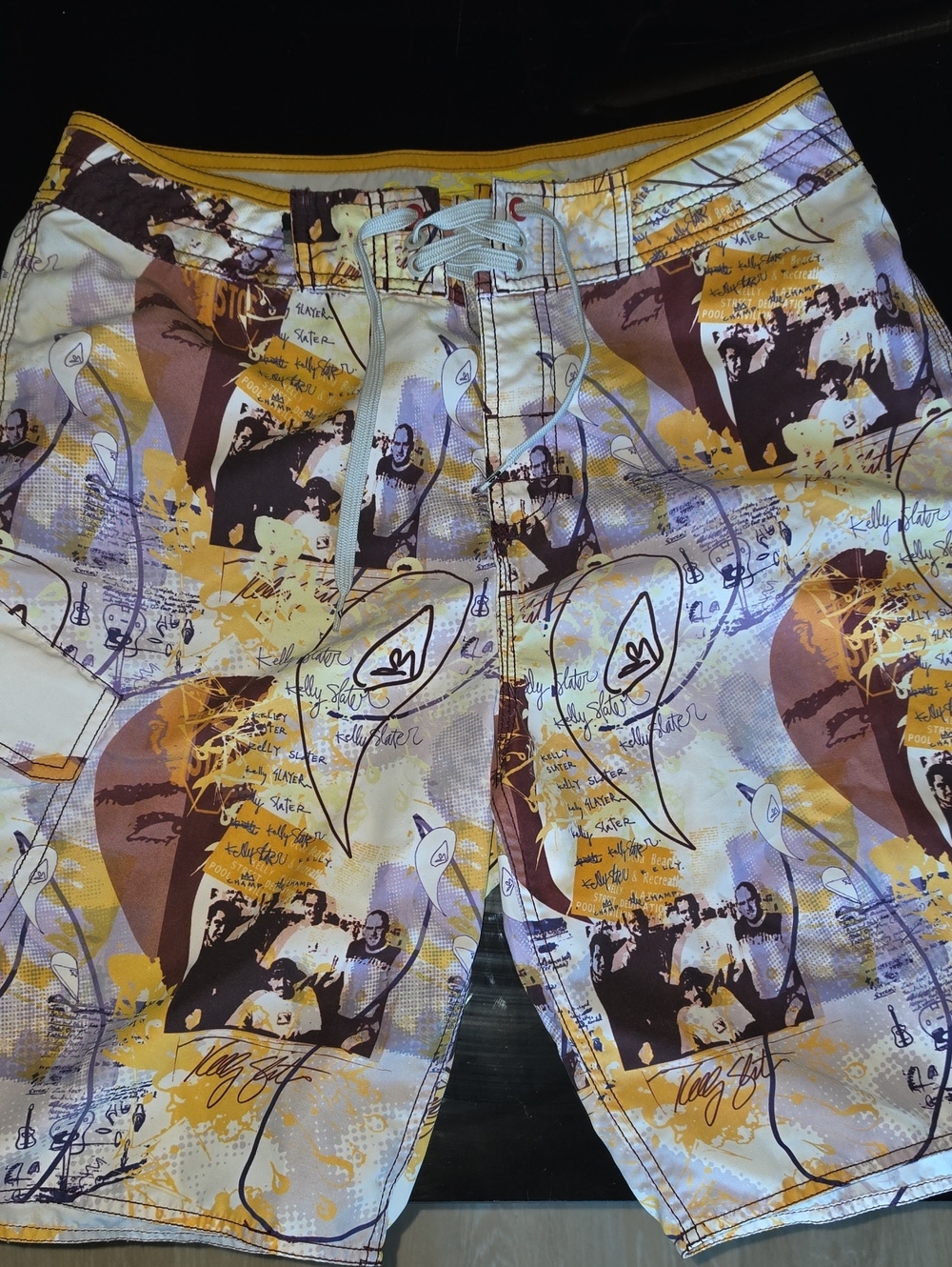 Vintage Kelly Slater Printed Board Shorts in Yellow, Brown, White Sz 34